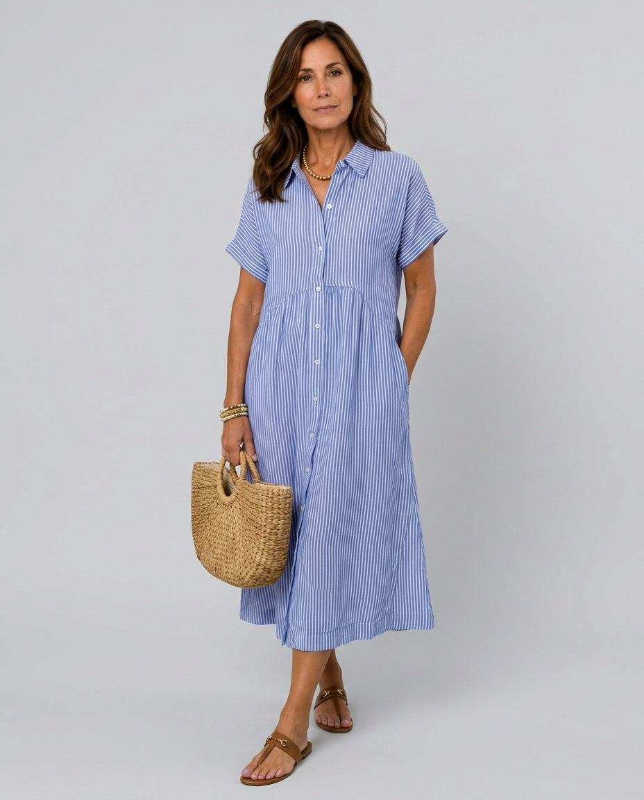 Kalibelle | Women's Denim High-Waist Short Sleeve Button Front Striped Midi Dress — Blue