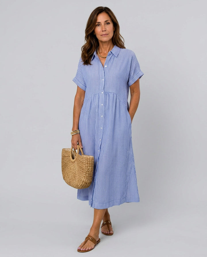 Kalibelle | Women's Denim High-Waist Short Sleeve Button Front Striped Midi Dress — Blue