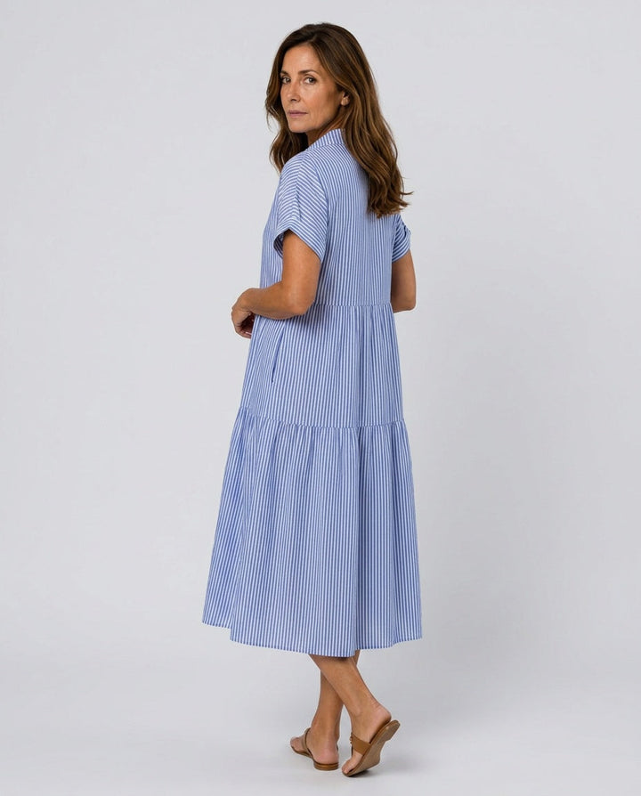 Kalibelle | Women's Denim High-Waist Short Sleeve Button Front Striped Midi Dress — 2