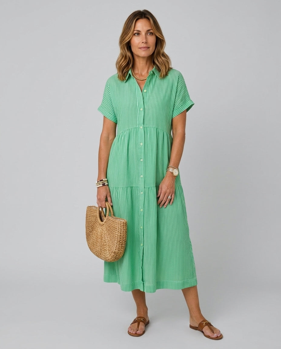 Kalibelle | Women's Denim High-Waist Short Sleeve Button Front Striped Midi Dress — Green