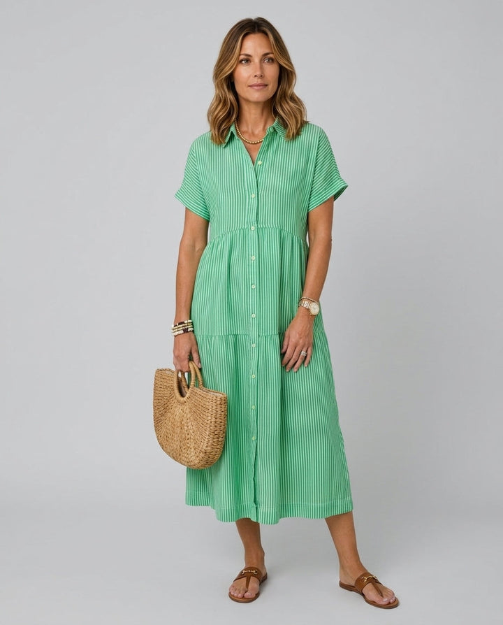 Kalibelle | Women's Denim High-Waist Short Sleeve Button Front Striped Midi Dress — Green