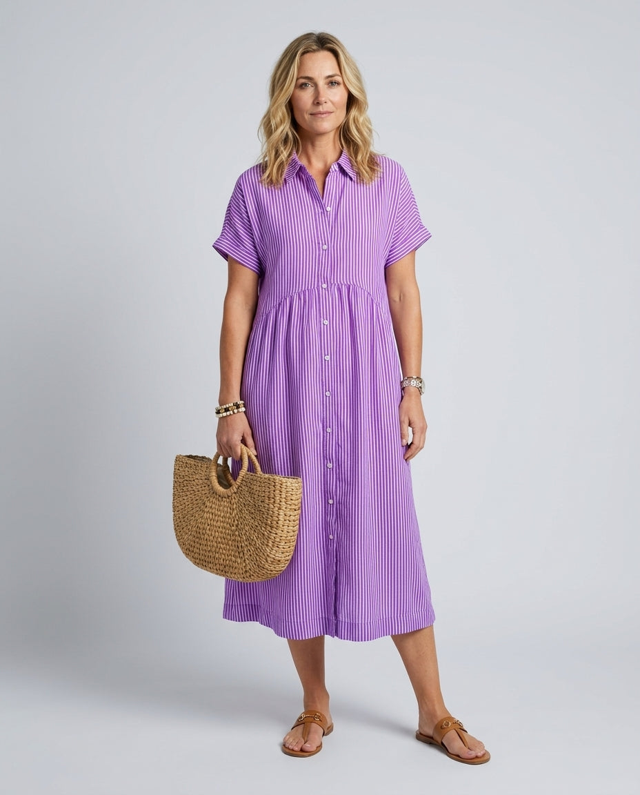 Kalibelle | Women's Denim High-Waist Short Sleeve Button Front Striped Midi Dress — Purple