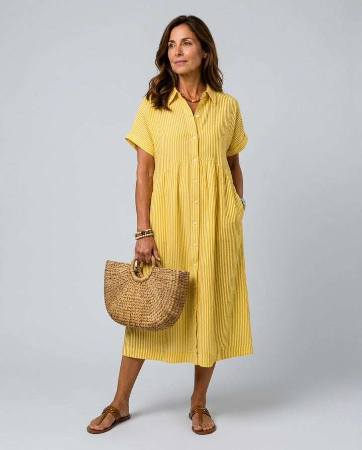 Kalibelle | Women's Denim High-Waist Short Sleeve Button Front Striped Midi Dress — Yellow