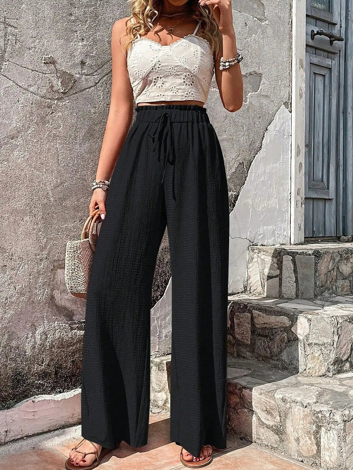 Kalivia | Women's Wide-Leg Relaxed High Waist Wide Leg Pants with Drawstrings Elastic — Black