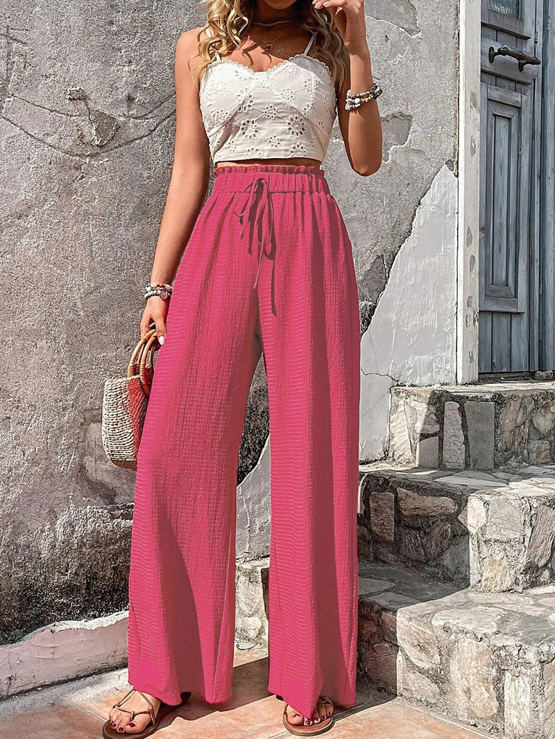 Kalivia | Women's Wide-Leg Relaxed High Waist Wide Leg Pants with Drawstrings Elastic — Pink