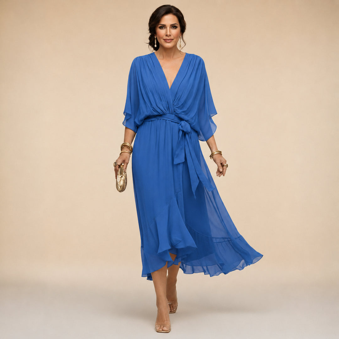 Katarina | Women's Wedding Guest Elegant V-Neck Wrap Midi Dress Dresses — Blue