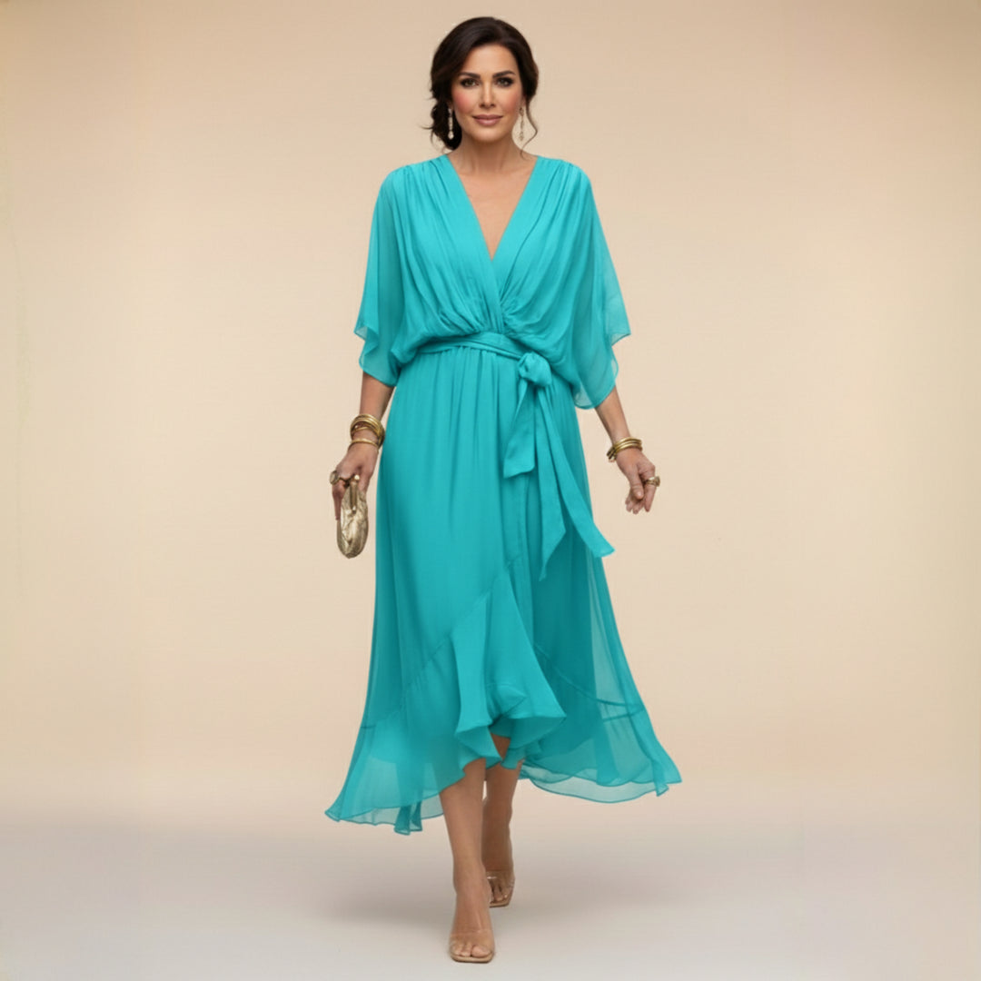 Katarina | Women's Wedding Guest Elegant V-Neck Wrap Midi Dress Dresses — Navy Blue
