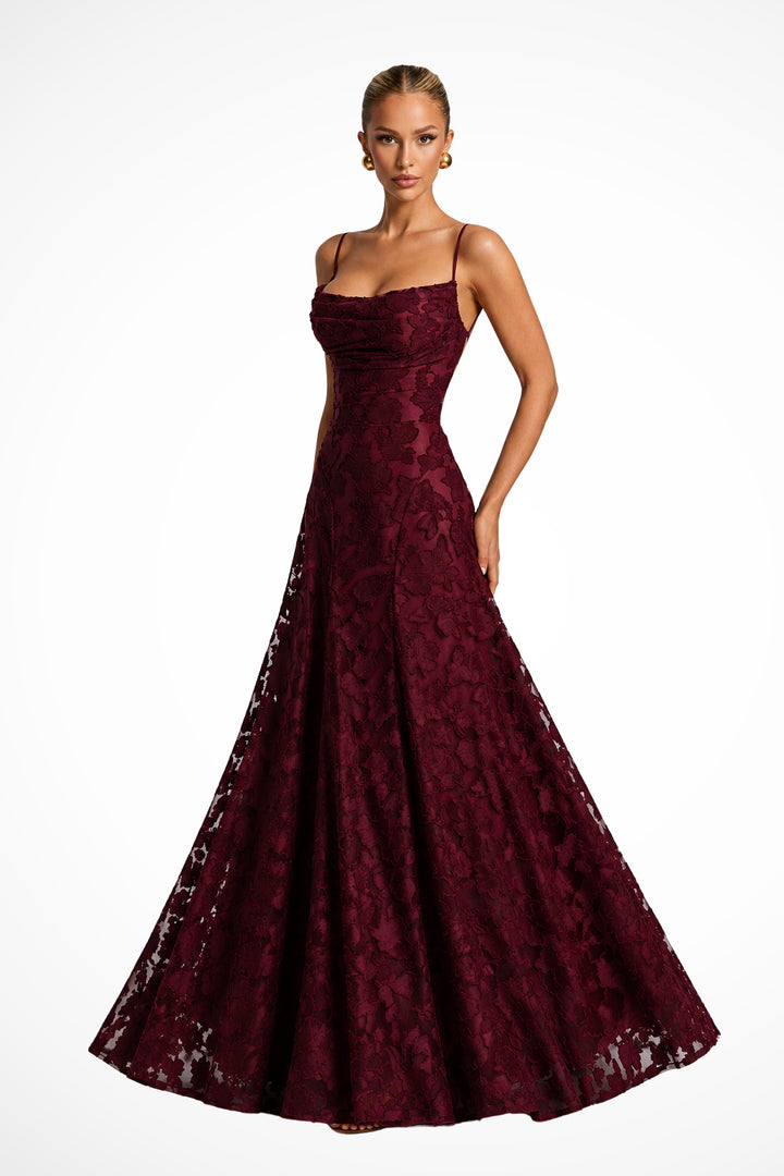 Kesiaine | Women's Elegant Cowl Neck Floral Lace Wedding Guest Maxi Dress — 2
