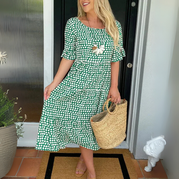 Kesianthe | Women's Wedding Guest Elegant Relaxed Tiered Midi Dress Dresses — Green