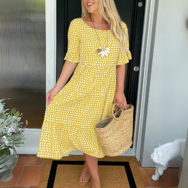 Kesianthe | Women's Wedding Guest Elegant Relaxed Tiered Midi Dress Dresses — Yellow