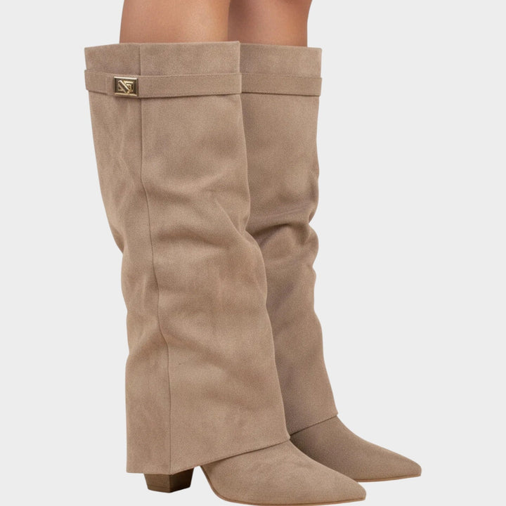 Kesiara | Women's Knee High Boots Casual Suede Slouch Low Heel — Beige