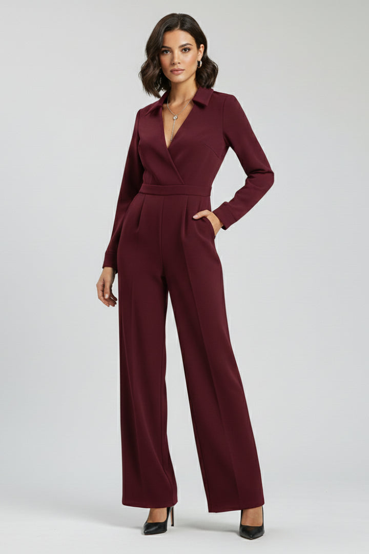 Kesiisse | Women's Wide-Leg Elegant Wide Leg Jumpsuit With Collar — Burgundy