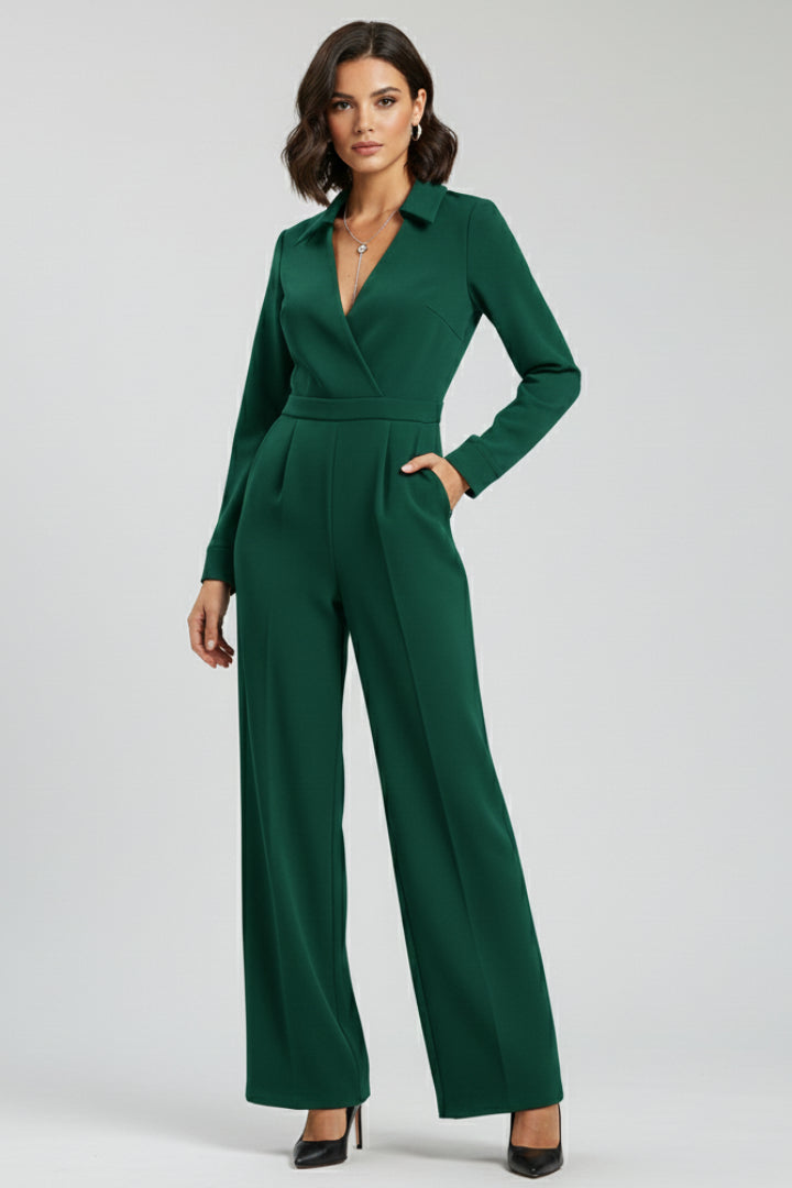 Kesiisse | Women's Wide-Leg Elegant Wide Leg Jumpsuit With Collar — Green