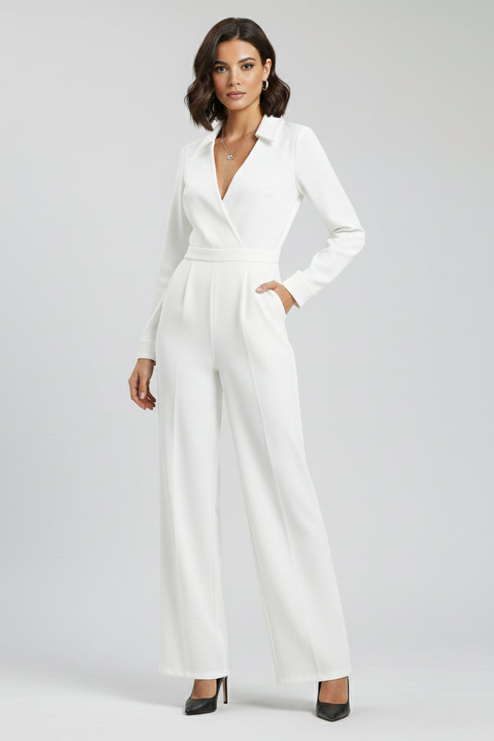 Kesiisse | Women's Wide-Leg Elegant Wide Leg Jumpsuit With Collar — White