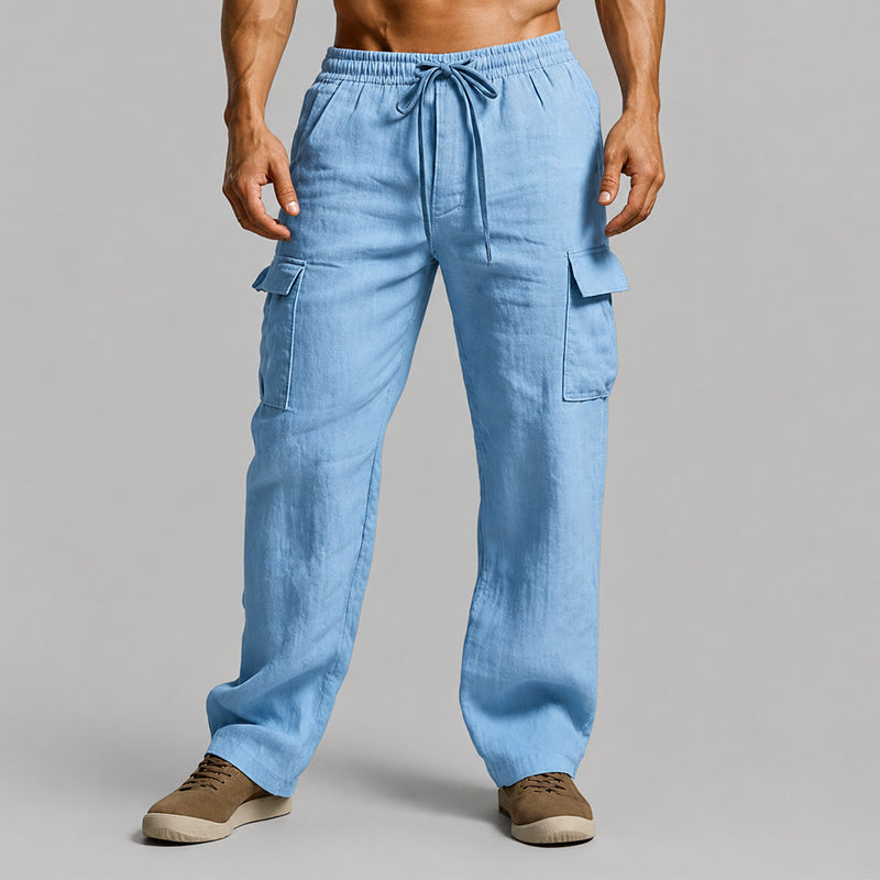 Kesinia | Women's Wide-Leg Linen Relaxed Fit Cargo Lounge Pants — Blue