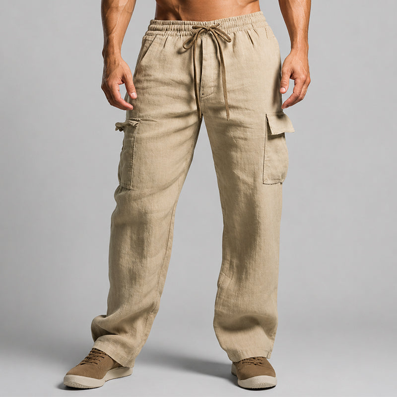 Kesinia | Women's Wide-Leg Linen Relaxed Fit Cargo Lounge Pants — Khaki