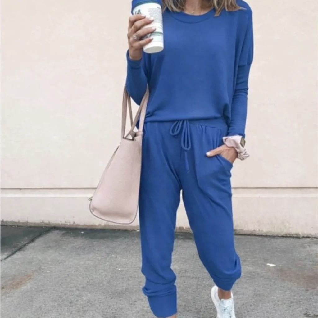 Kesivanne | Women's Cozy soft knit loungewear set with long-sleeve top and drawstring joggers — Blue