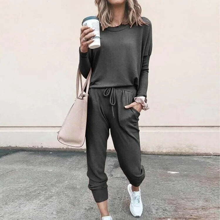 Kesivanne | Women's Cozy soft knit loungewear set with long-sleeve top and drawstring joggers — Dark Grey