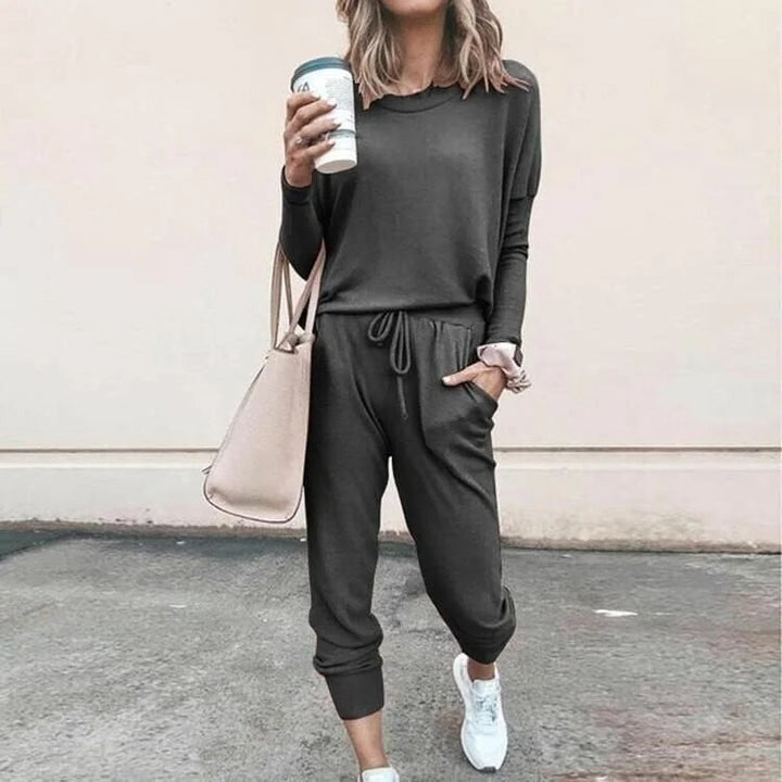 Kesivanne | Women's Cozy soft knit loungewear set with long-sleeve top and drawstring joggers — Dark Grey