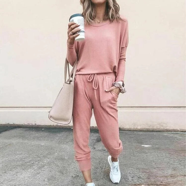 Kesivanne | Women's Cozy soft knit loungewear set with long-sleeve top and drawstring joggers — Pink