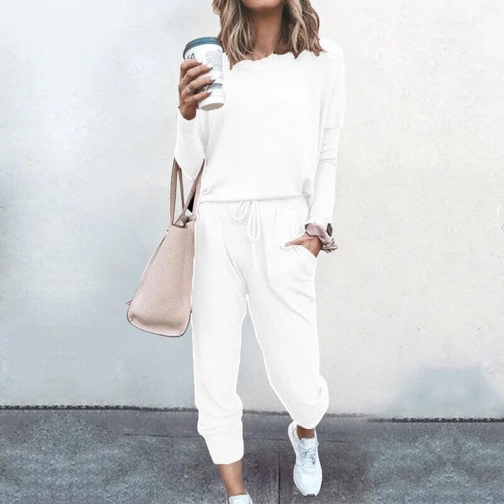 Kesivanne | Women's Cozy soft knit loungewear set with long-sleeve top and drawstring joggers — White