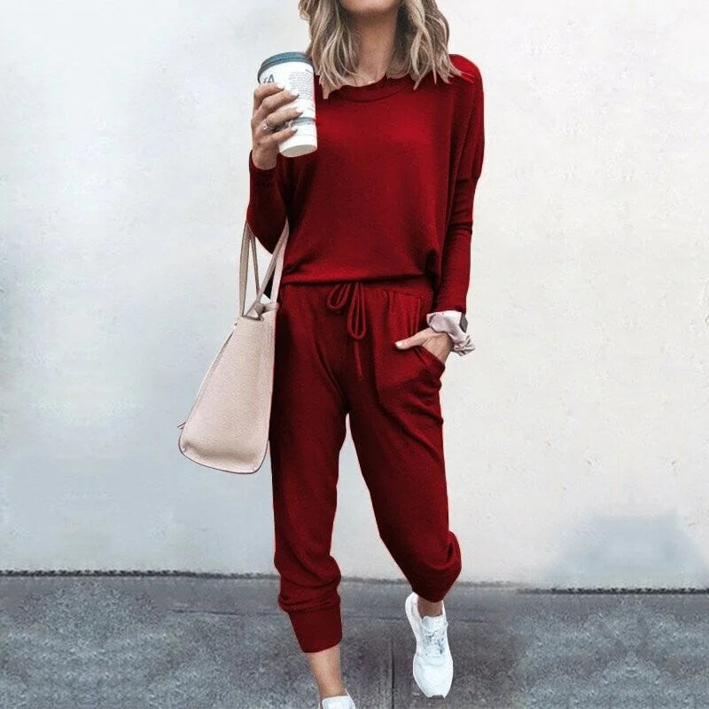 Kesivanne | Women's Cozy soft knit loungewear set with long-sleeve top and drawstring joggers — Wine Red