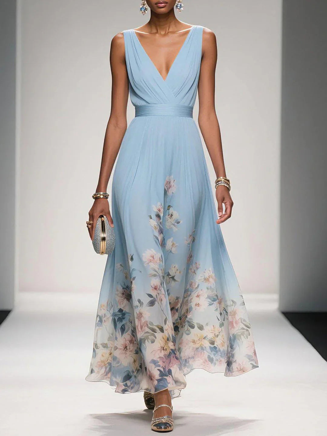 Printed long dress deep neckline catwalk product image