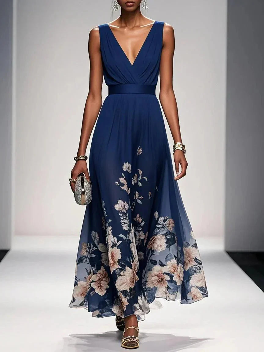 Navy floral long dress product shot