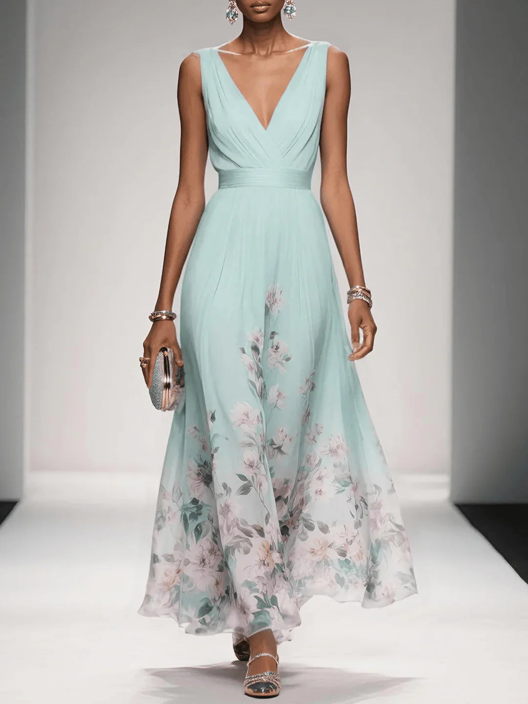 Summer printed dress elegant front angle clean backdrop