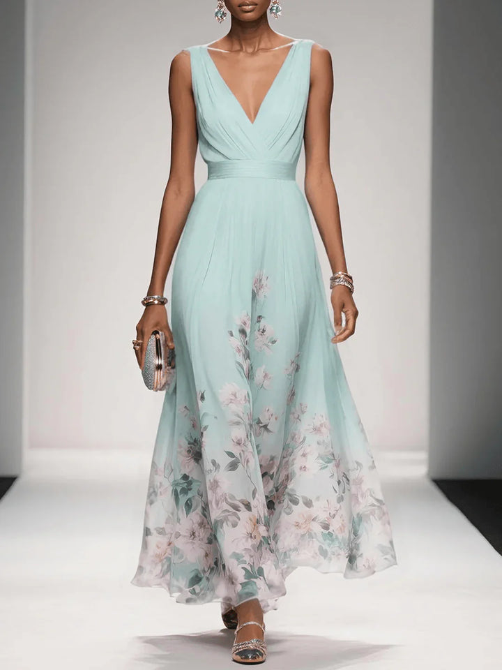 Summer printed dress elegant front angle clean backdrop