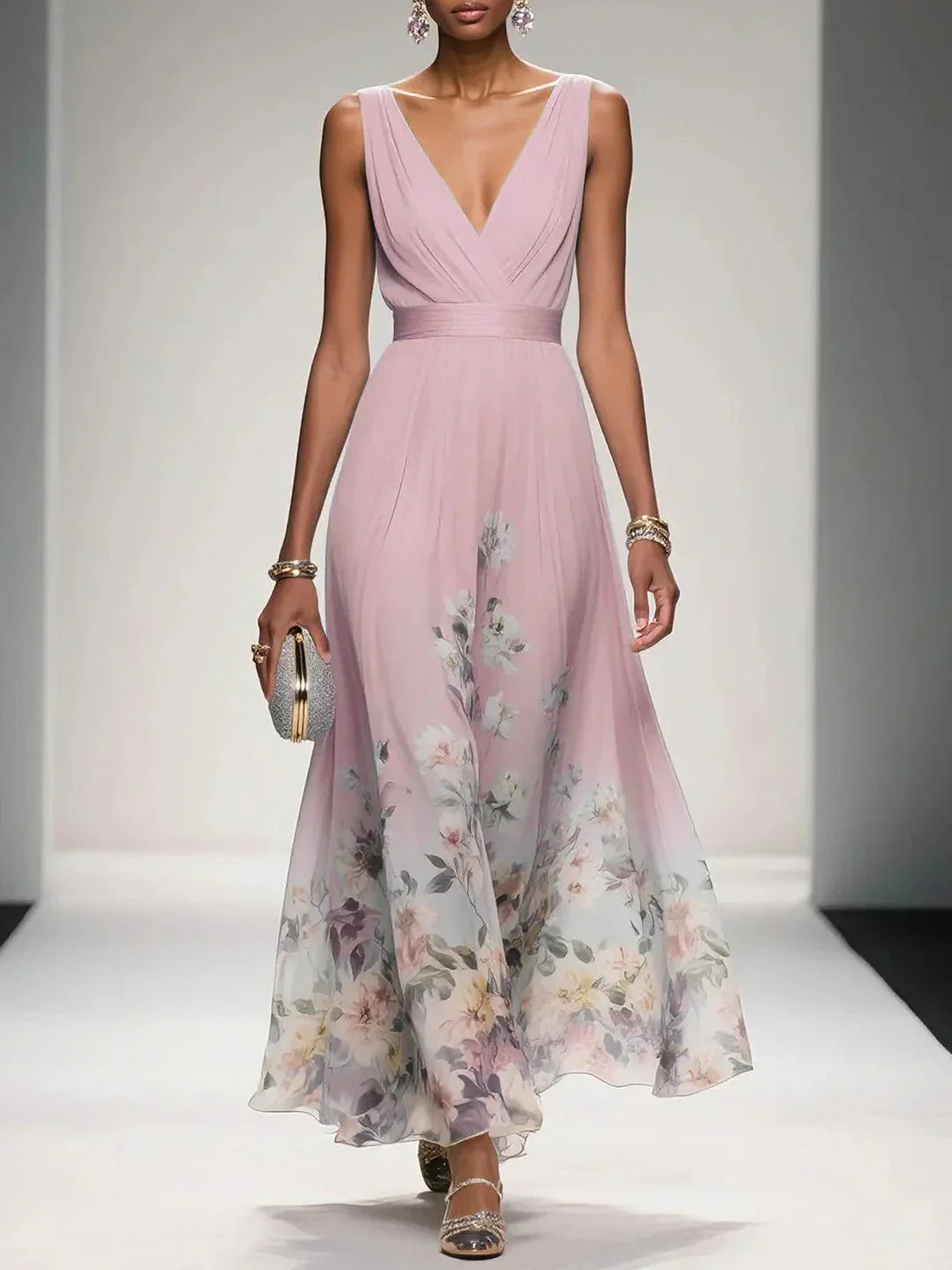 Model at runaway in full length floral dress product shot