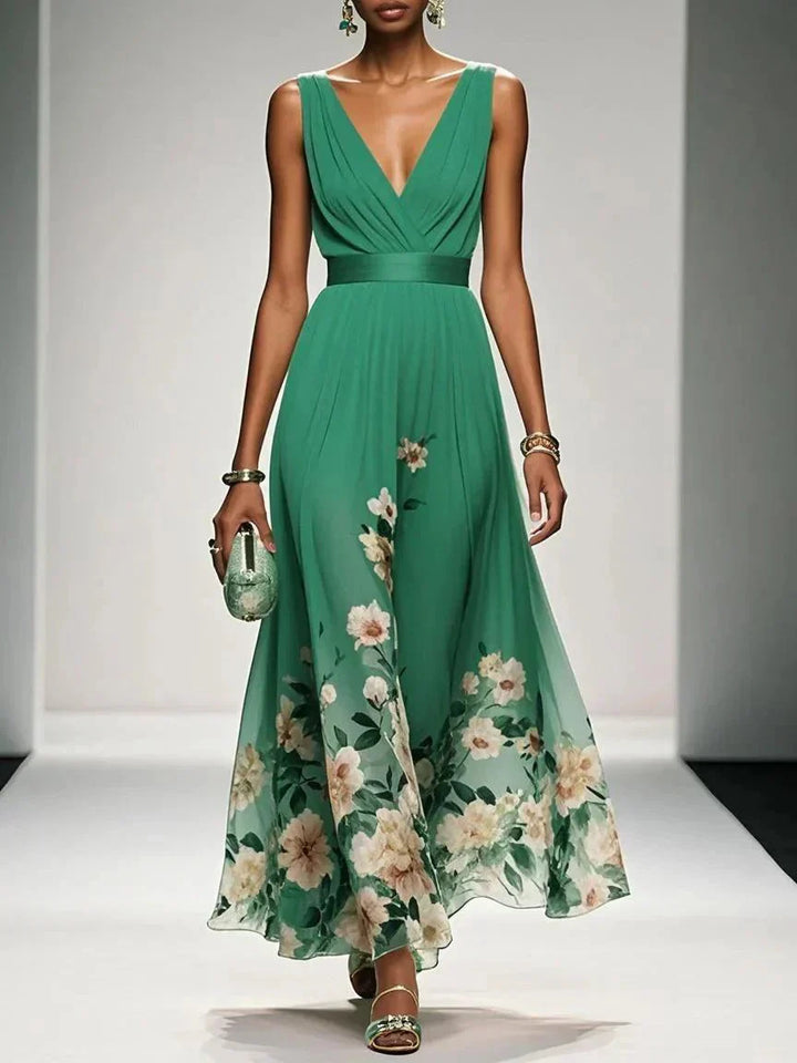 Wide shoulder strap green floral dress with multicolor clean background