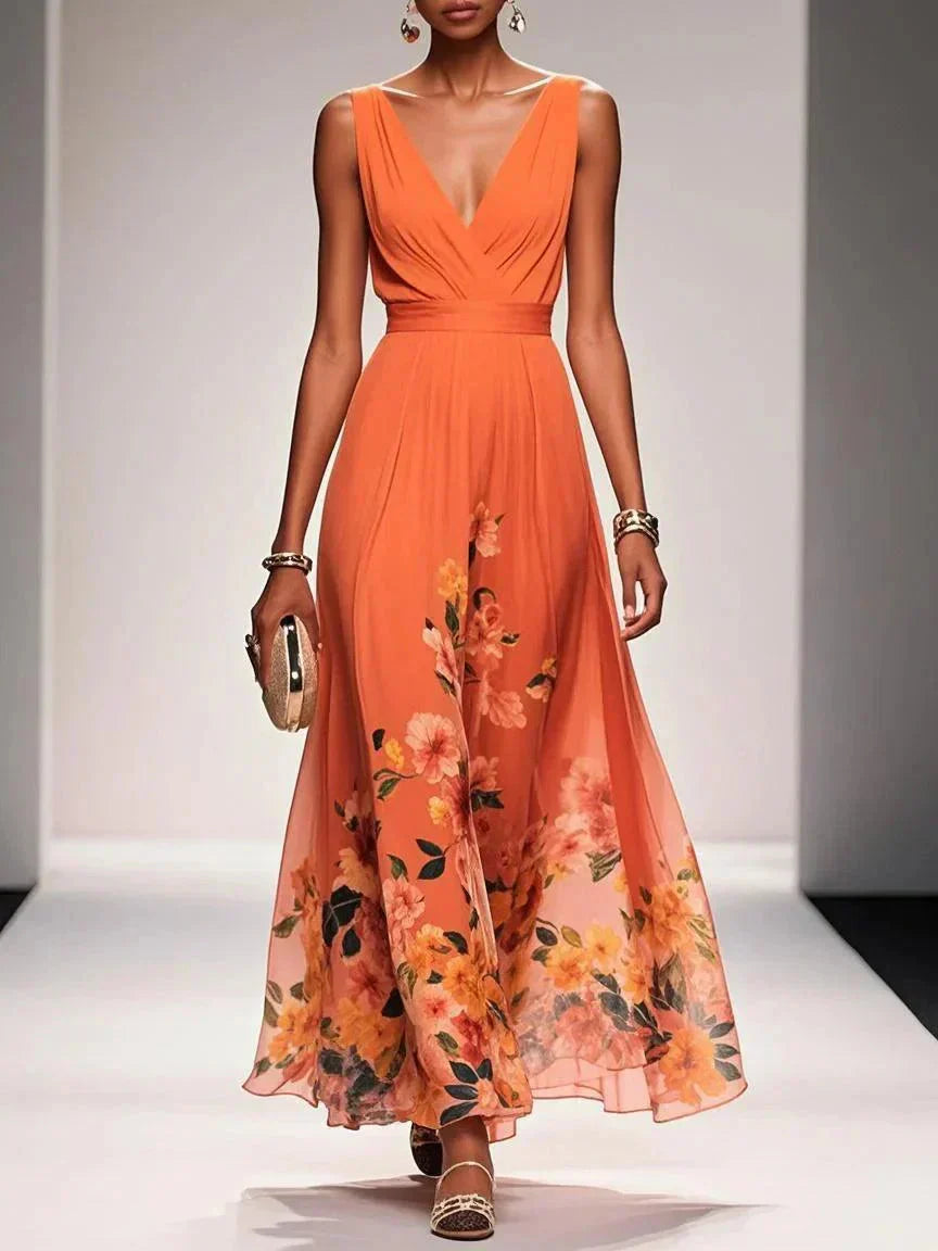 Deep neckline long dress orange floral print runaway capture