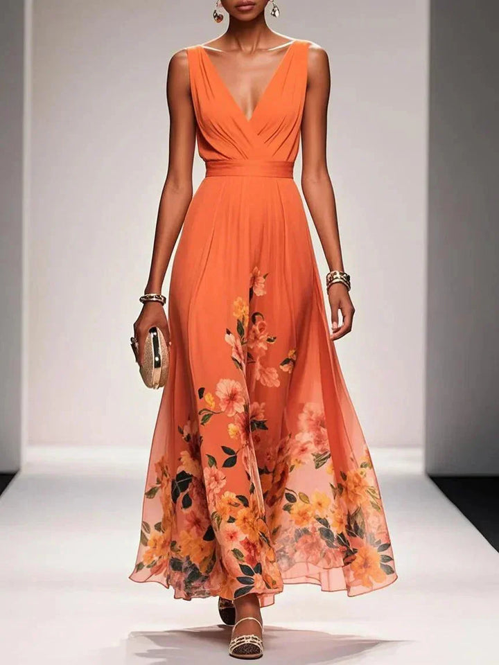 Deep neckline long dress orange floral print runaway capture