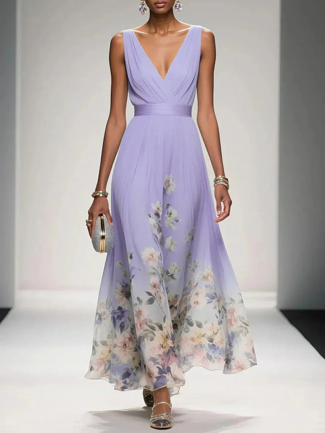 Printed vacation purple dress flowing hem isolated product photo