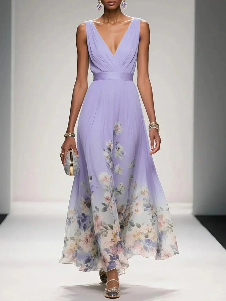 Printed vacation purple dress flowing hem isolated product photo
