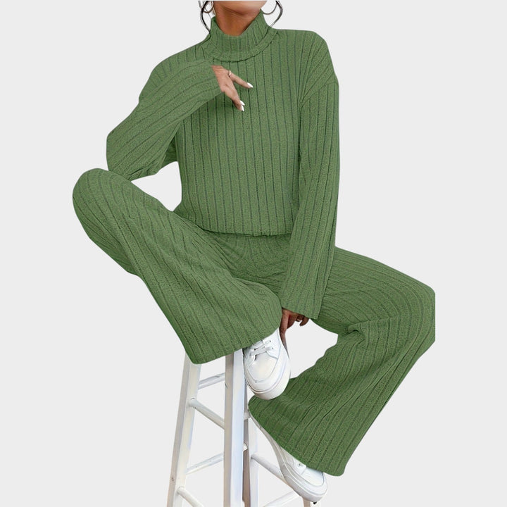 Laelessa | Women's Two-Piece Matching Set 2 Piece Casual Knit Mock Neck Wide Leg Pants — Army Green