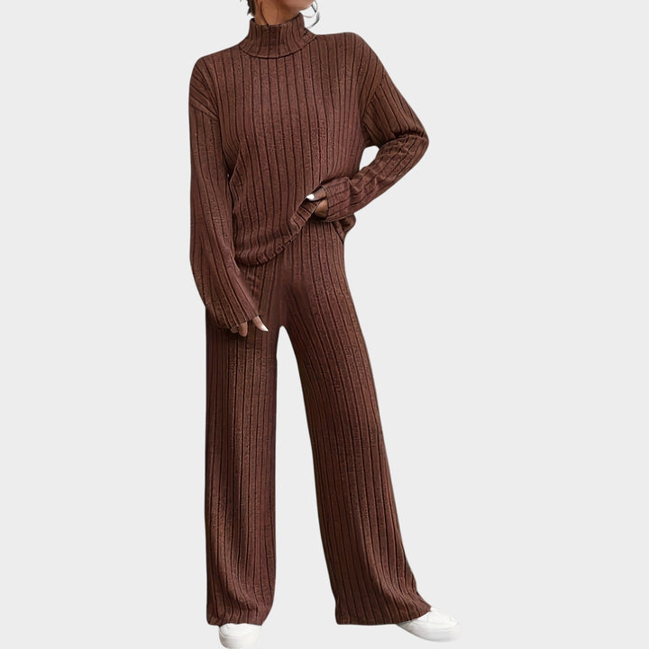 Laelessa | Women's Two-Piece Matching Set 2 Piece Casual Knit Mock Neck Wide Leg Pants — Coffee Brown