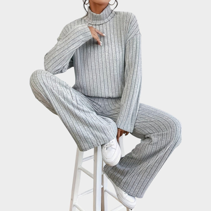 Laelessa | Women's Two-Piece Matching Set 2 Piece Casual Knit Mock Neck Wide Leg Pants — Grey