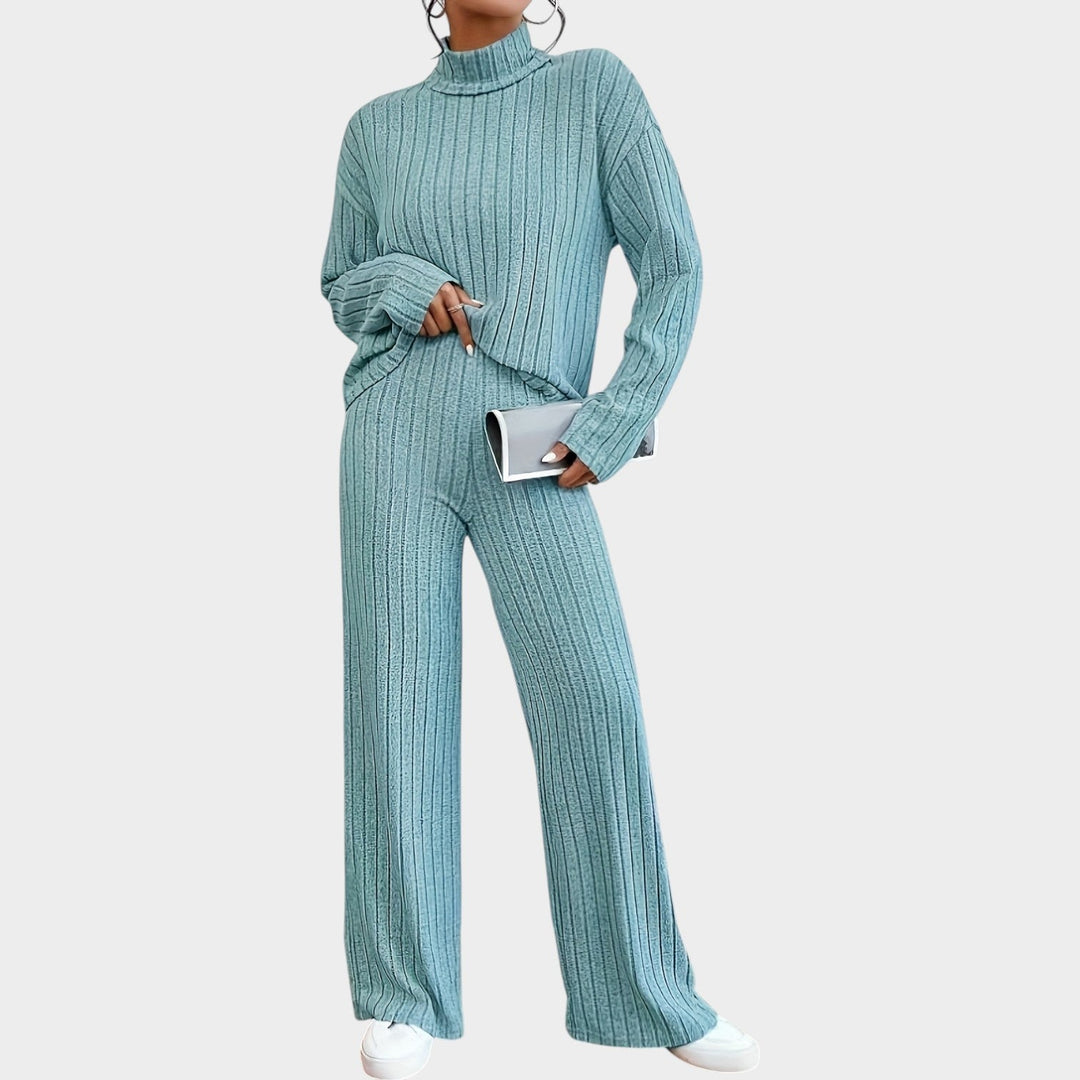 Laelessa | Women's Two-Piece Matching Set 2 Piece Casual Knit Mock Neck Wide Leg Pants — Peacock Blue