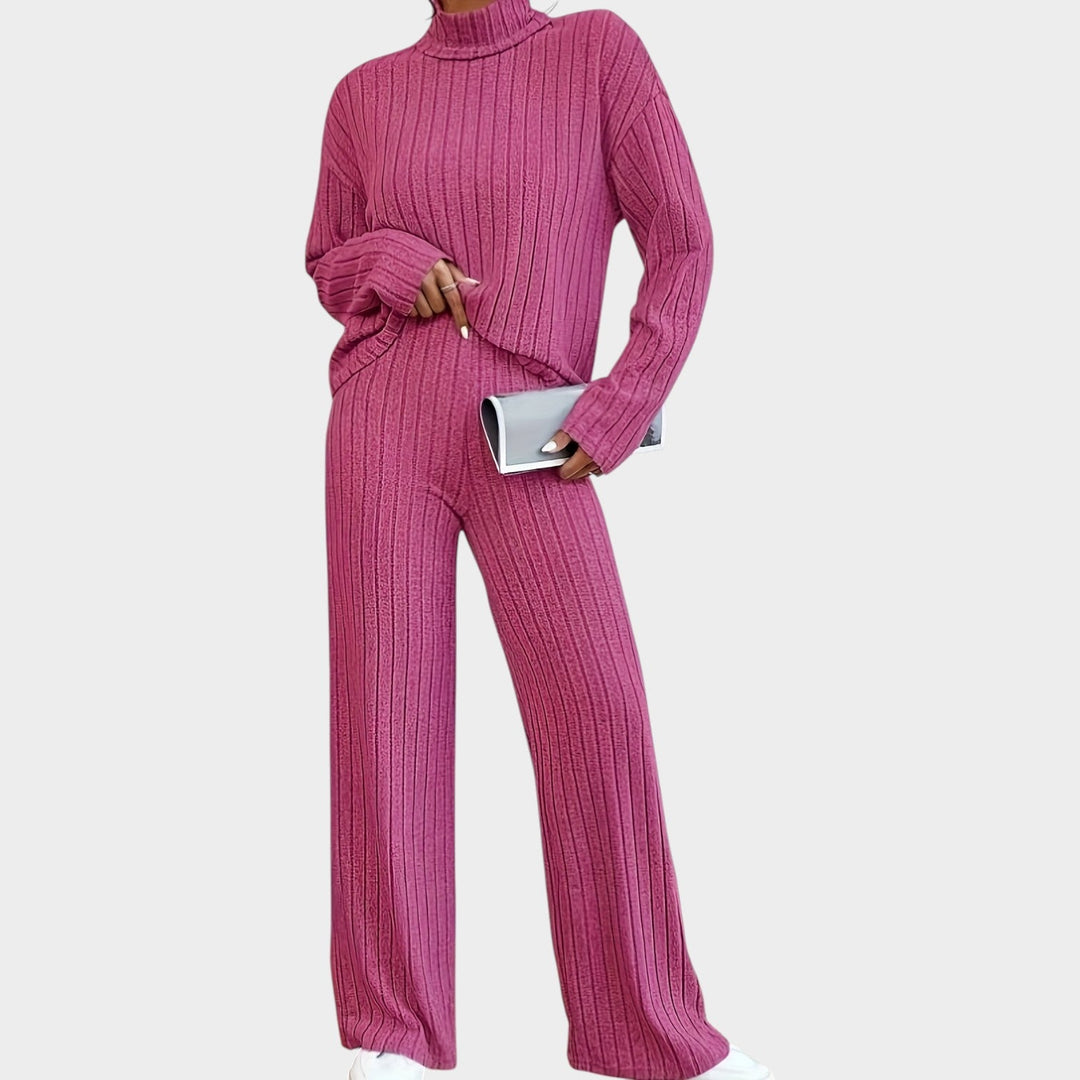 Laelessa | Women's Two-Piece Matching Set 2 Piece Casual Knit Mock Neck Wide Leg Pants — Pink