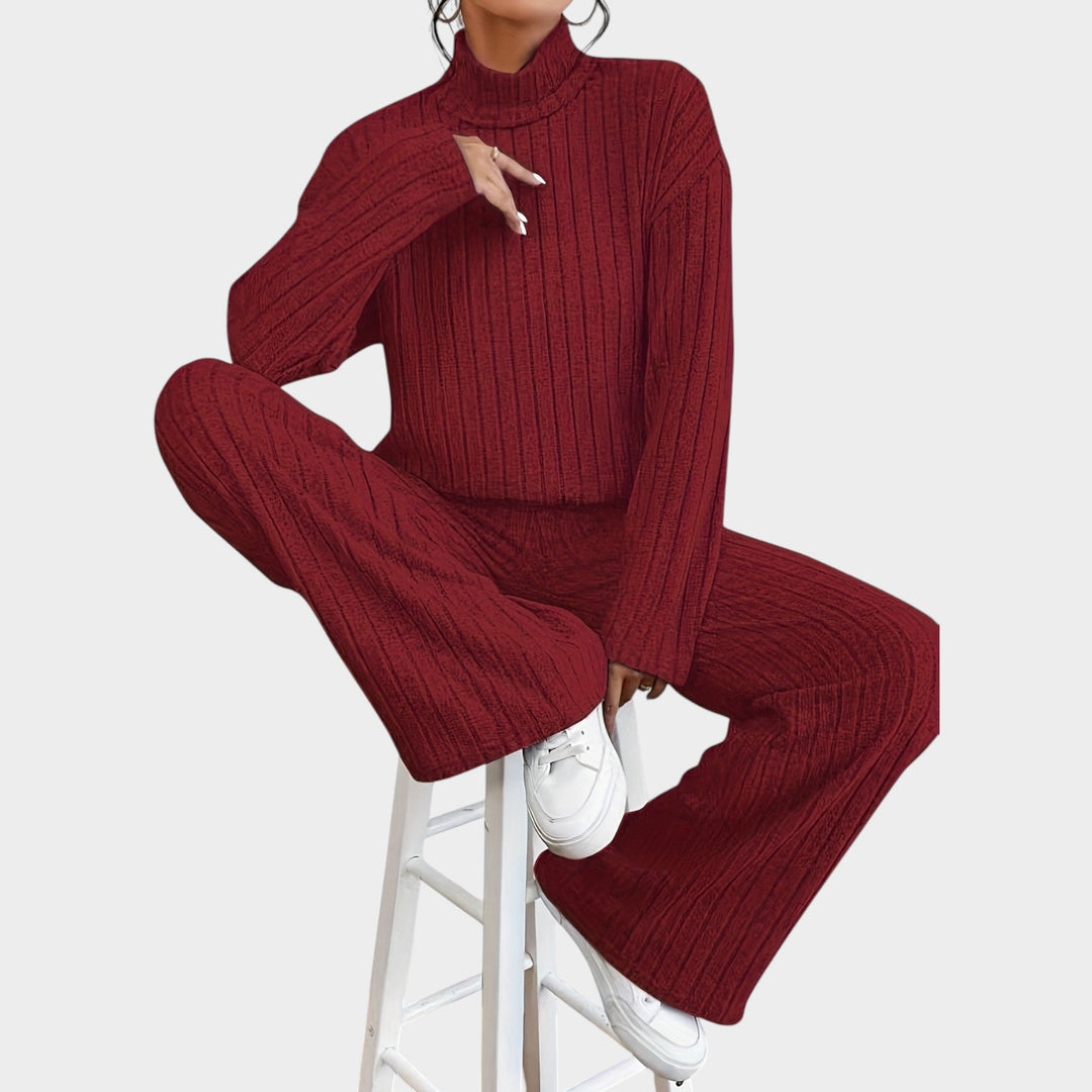 Laelessa | Women's Two-Piece Matching Set 2 Piece Casual Knit Mock Neck Wide Leg Pants — Red