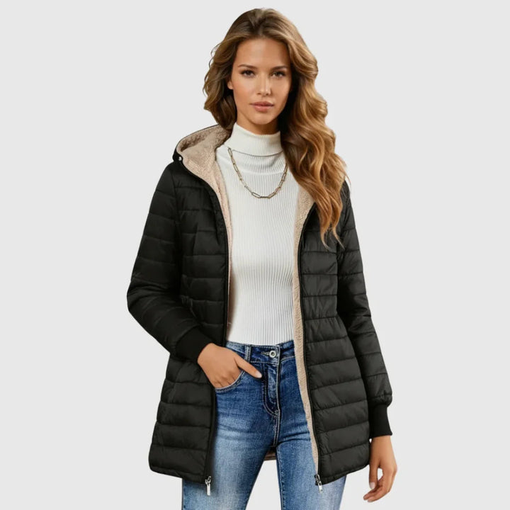 Laelmora | Women's sherpa-lined puffer jacket with hood and ribbed cuffs — Black
