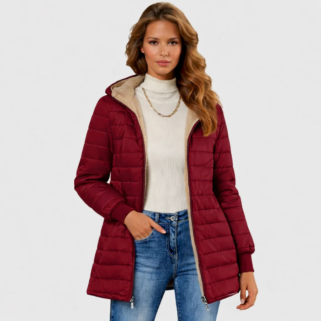 Laelmora | Women's sherpa-lined puffer jacket with hood and ribbed cuffs — Red