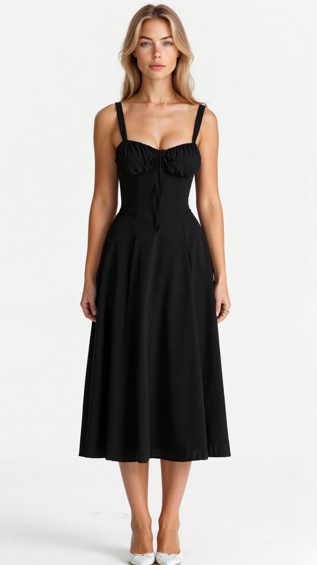 Liliana | Women's Wedding Guest Elegant Fitted Midi Dress with Defined Waist Dresses — Black