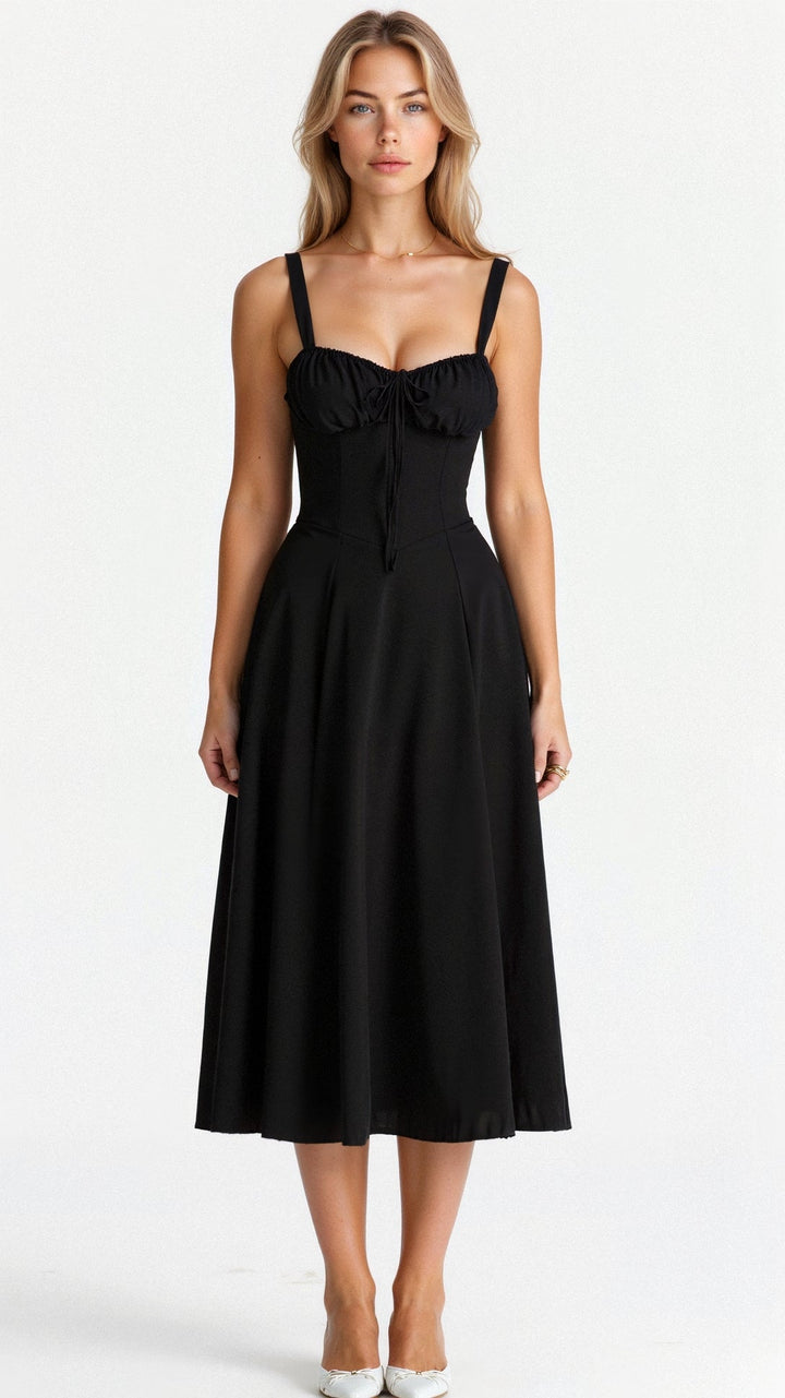Liliana | Women's Wedding Guest Elegant Fitted Midi Dress with Defined Waist Dresses — Black