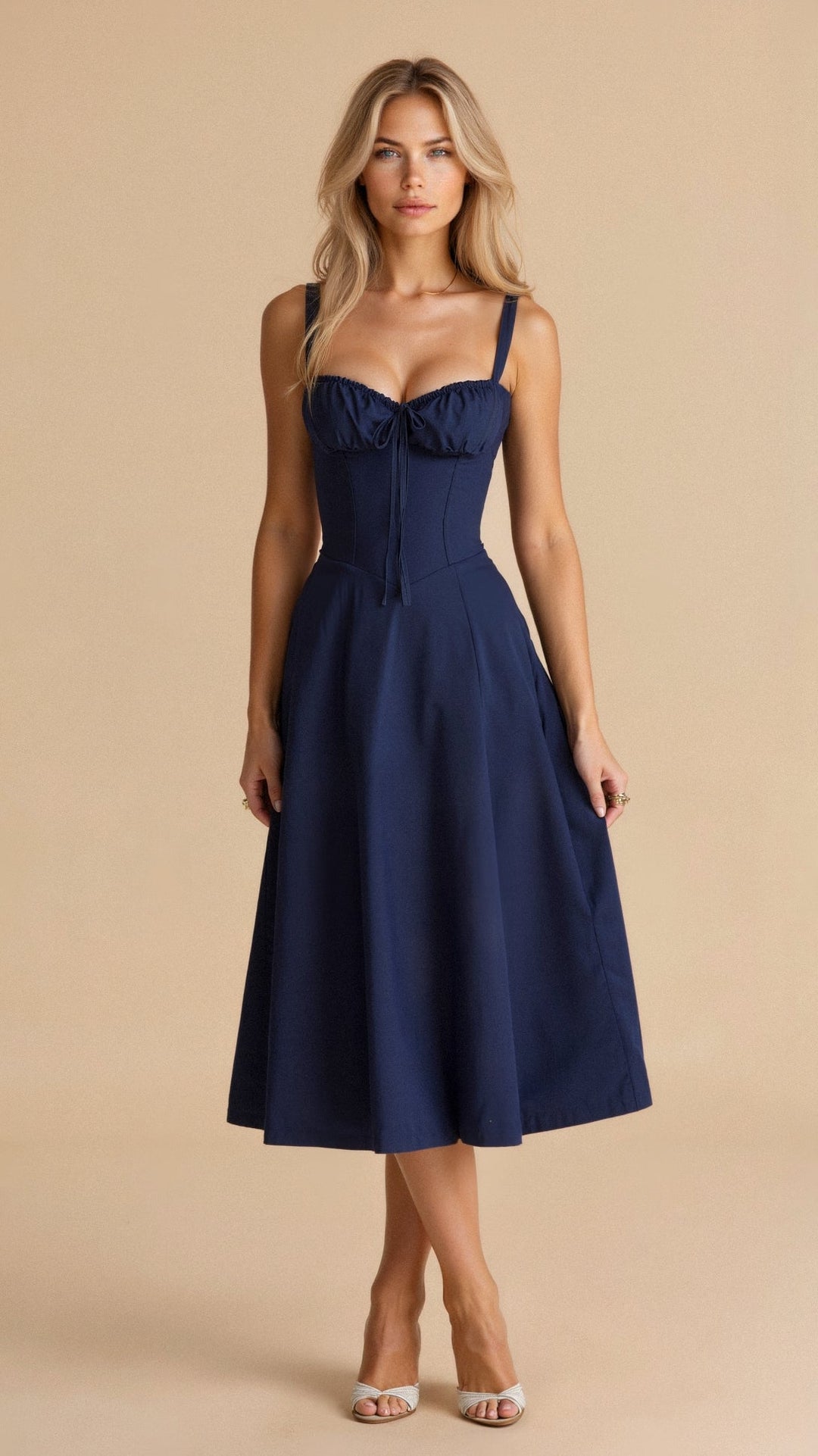 Liliana | Women's Wedding Guest Elegant Fitted Midi Dress with Defined Waist Dresses — Navy