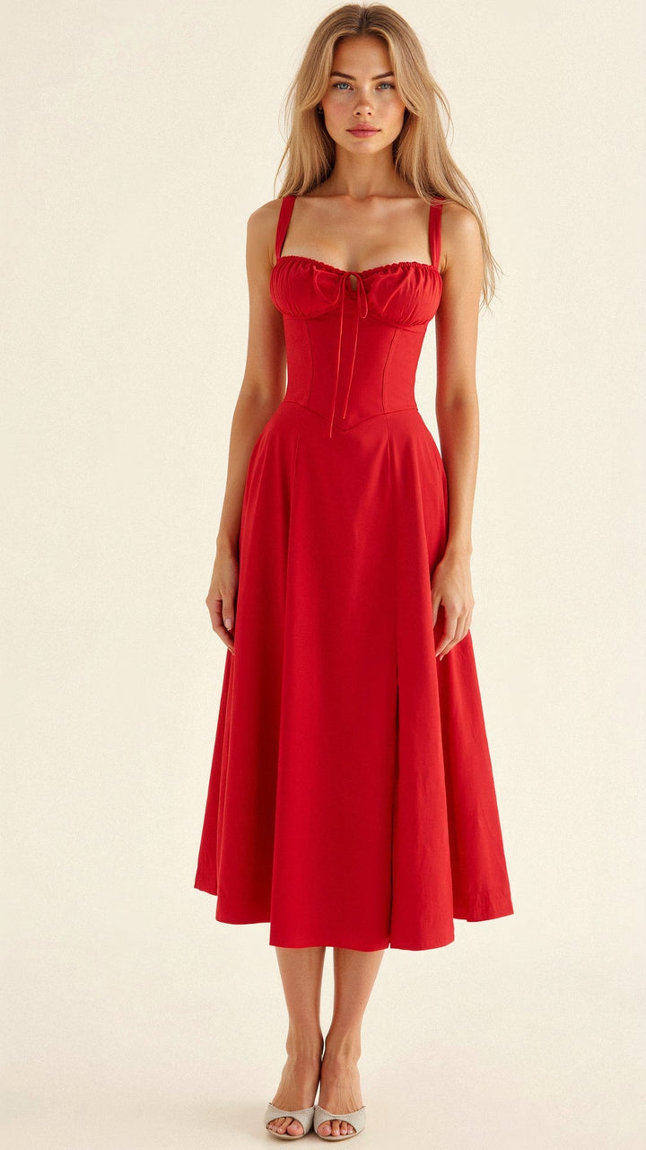 Liliana | Women's Wedding Guest Elegant Fitted Midi Dress with Defined Waist Dresses — Red