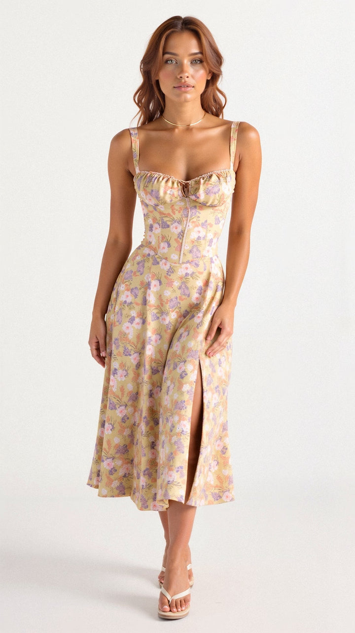 Liliana | Women's Wedding Guest Elegant Fitted Midi Dress with Defined Waist Dresses — Yellow Flower