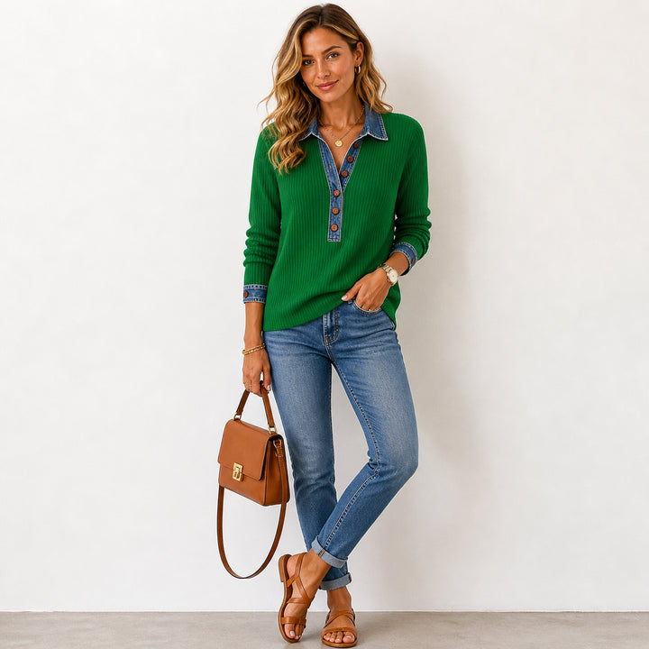 Liorara | Women's Cozy Color Block Waffle Knit Henley Sweater — Green